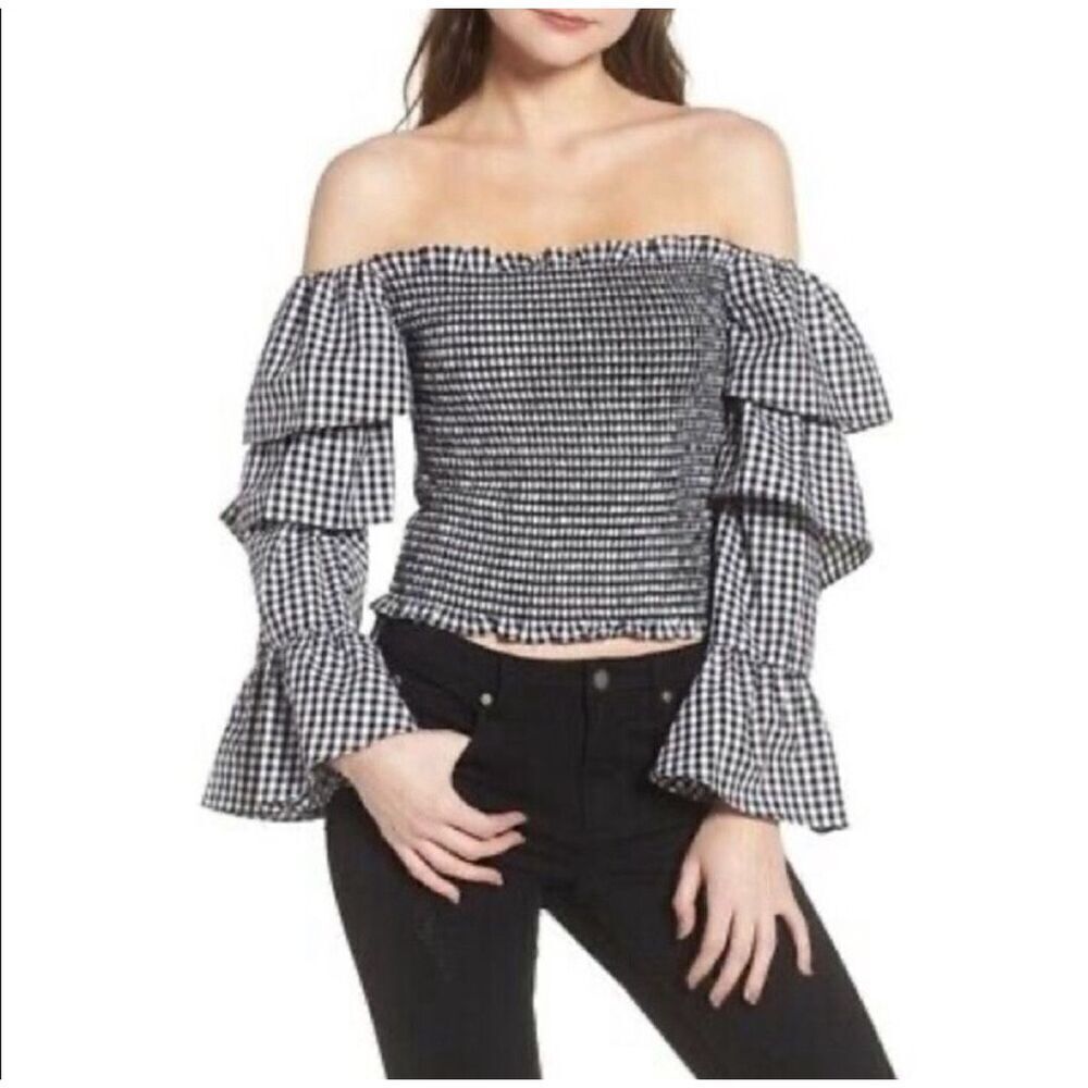 WAYF Denis Off The Shoulder Ruffle Top Smocked Tube Exaggerated Sleeve Gingham